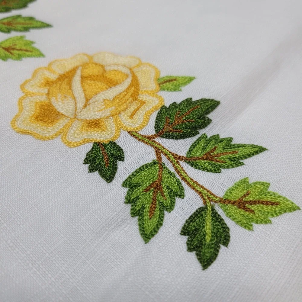 Embroidered Yellow Rose Linen Napkins Set 6 Scalloped Edge Vintage Decor‎ 34 in